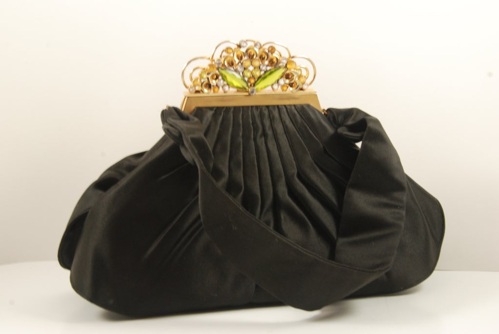Black Satin Josef Evening Bag with Jeweled Frame In Good Condition In New York, NY