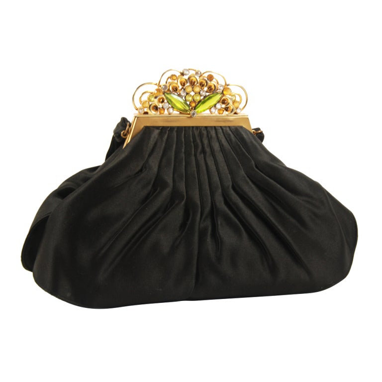 Black Satin Josef Evening Bag with Jeweled Frame