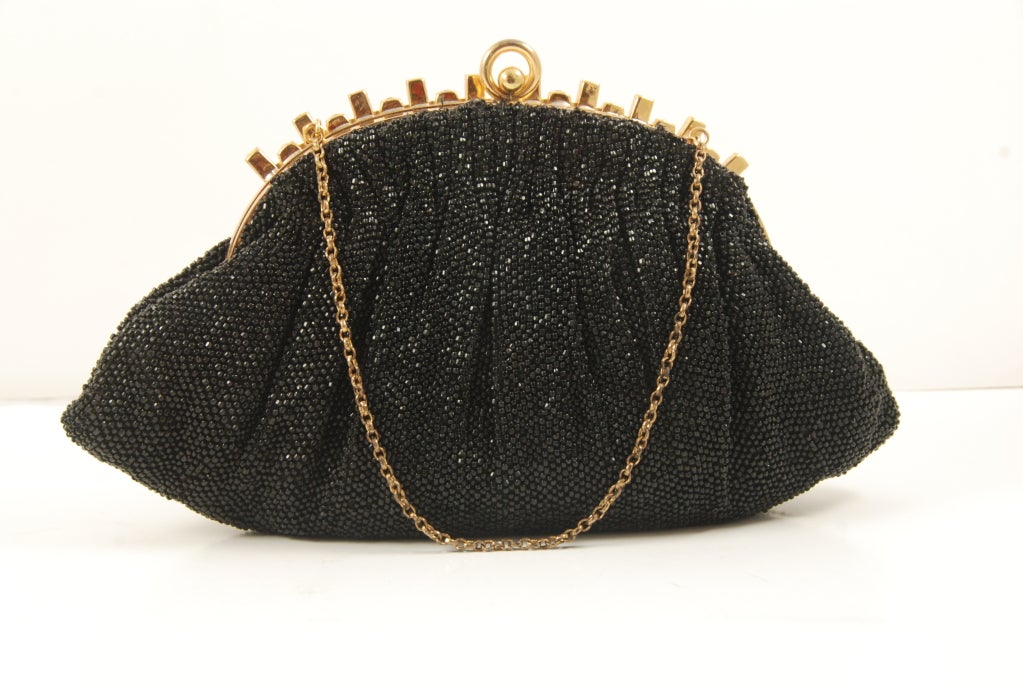 Vintage Black Beaded Josef Evening Bag with Rhinestone Frame 1