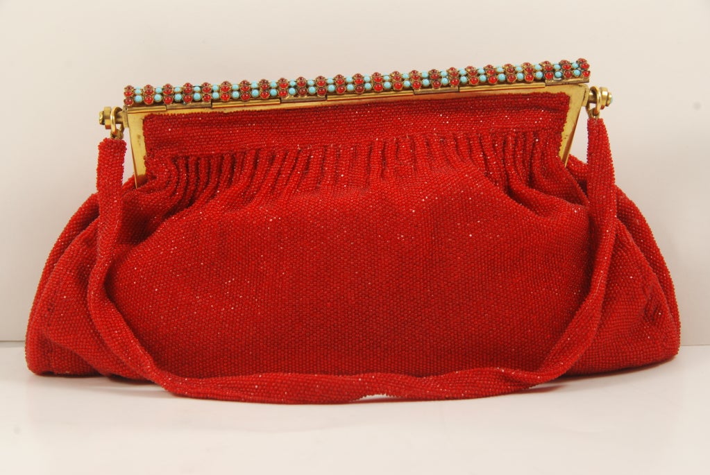 Women's VIntage French Red Beaded Jeweled Frame Evening Bag