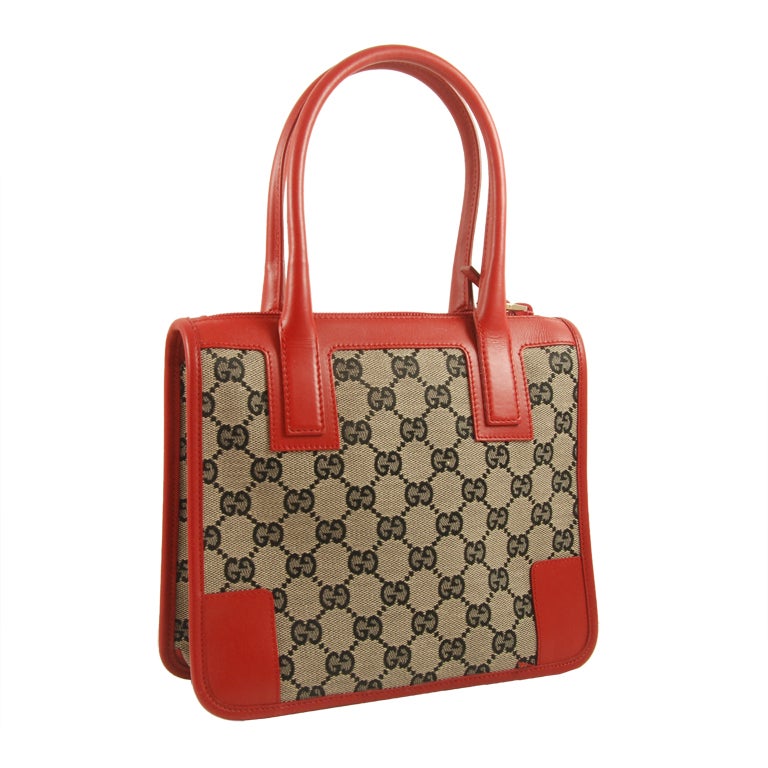 Gucci Blue Canvas/Red Leather Trim Top Handle Bag