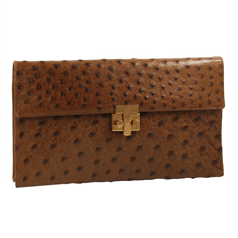 Tiffany Brown Ostrich Envelope  Clutch/ Shoulder Bag