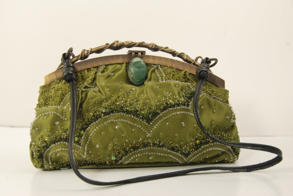Brown Valentino Garavani Green Beaded Satin Evening Bag For Sale
