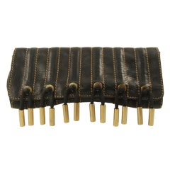 Donna Karen Black LEather Clutch with Brass Fringe