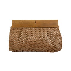 Vintage DeVecchi Woven Leather Clutch with Wood Frame