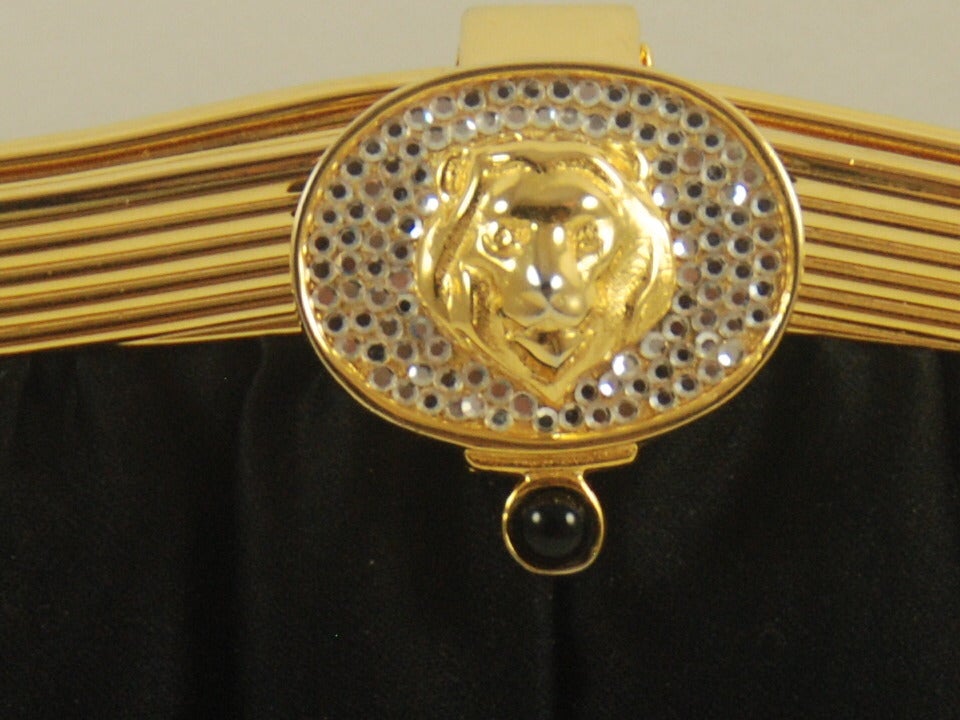 1980's Leiber Black Satin Evening Bag with Lions Head Clasp 1
