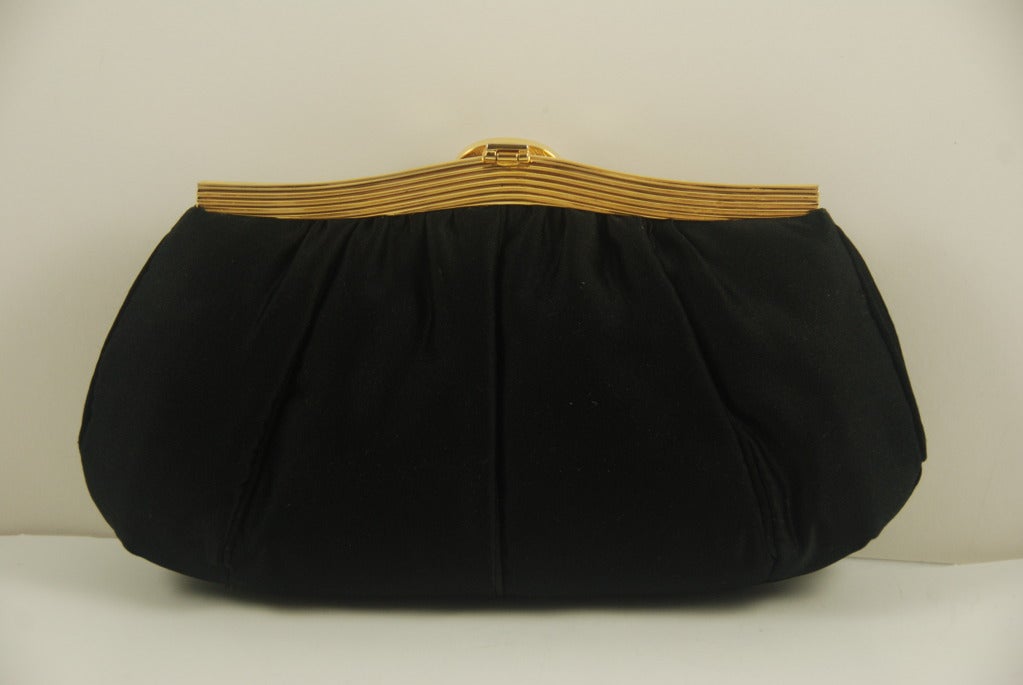 1980's Leiber Black Satin Evening Bag with Lions Head Clasp 2