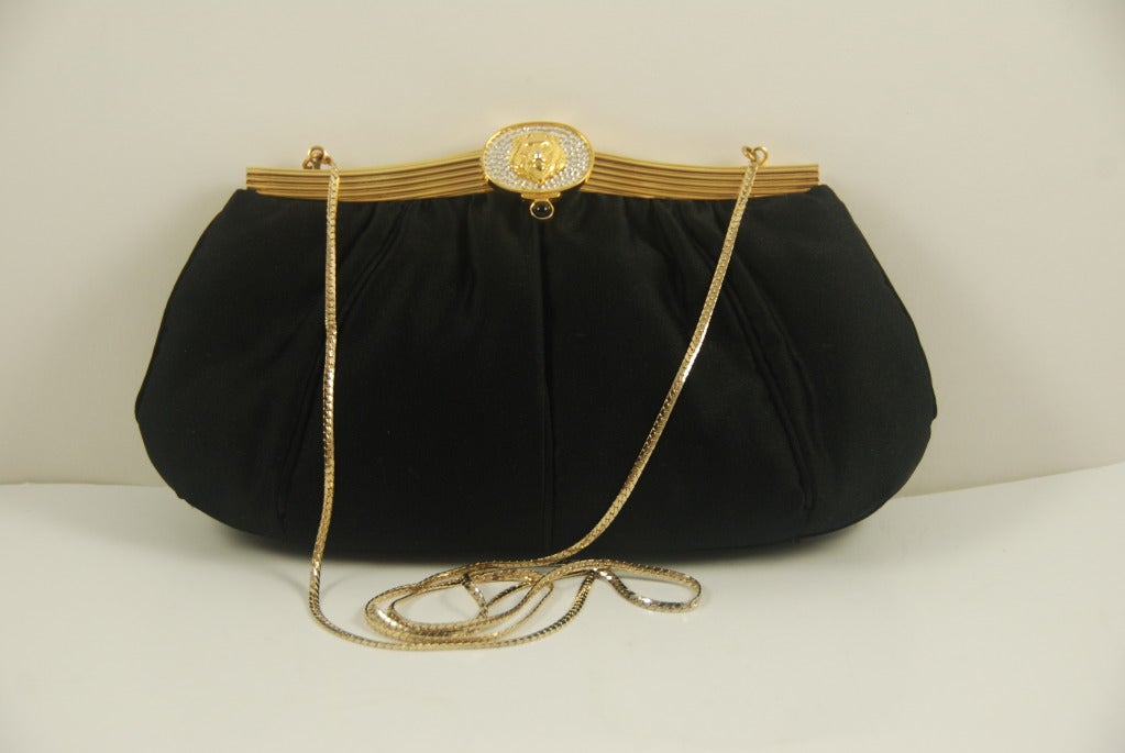 1980's Leiber Black Satin Evening Bag with Lions Head Clasp 4
