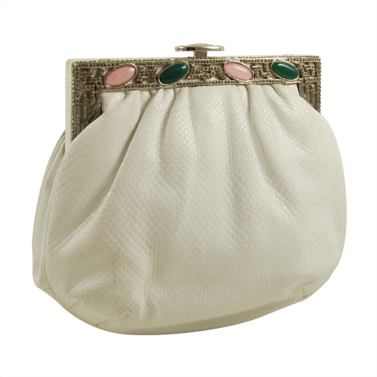 Judith Leiber White Karung Antique Style Jeweled Clutch For Sale
