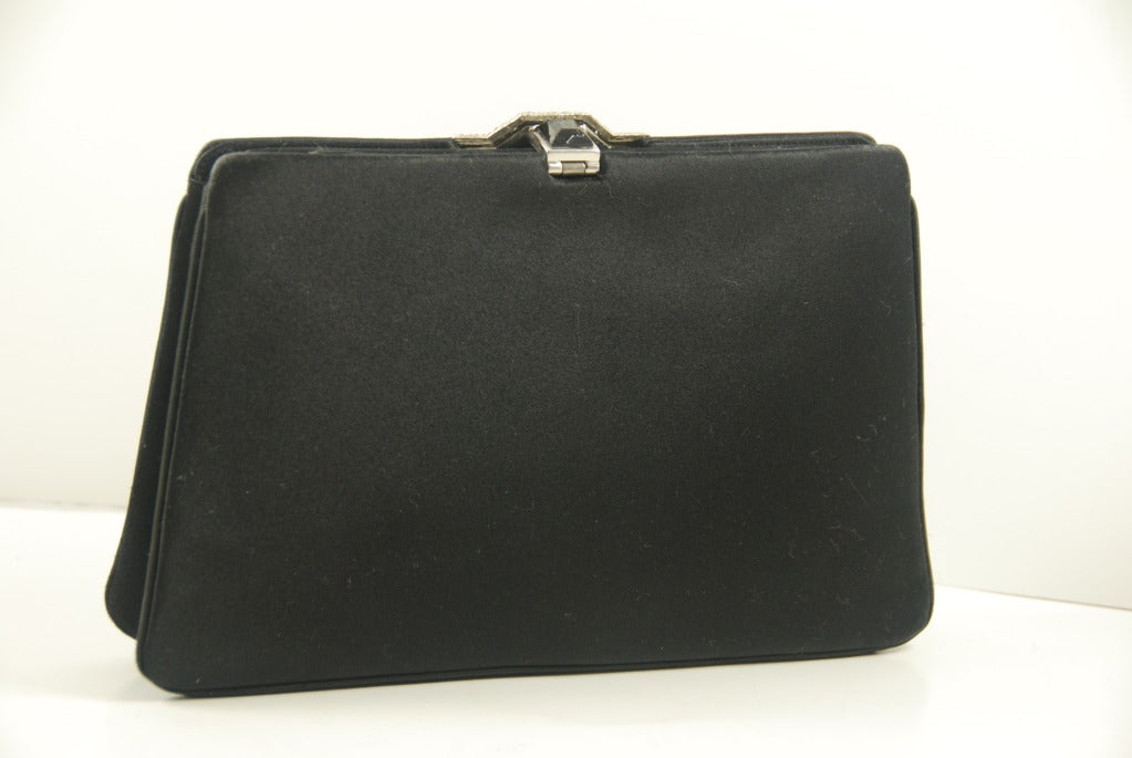 Judith Leiber Black Satin Evening Bag/Antique Style Clasp In Excellent Condition In New York, NY