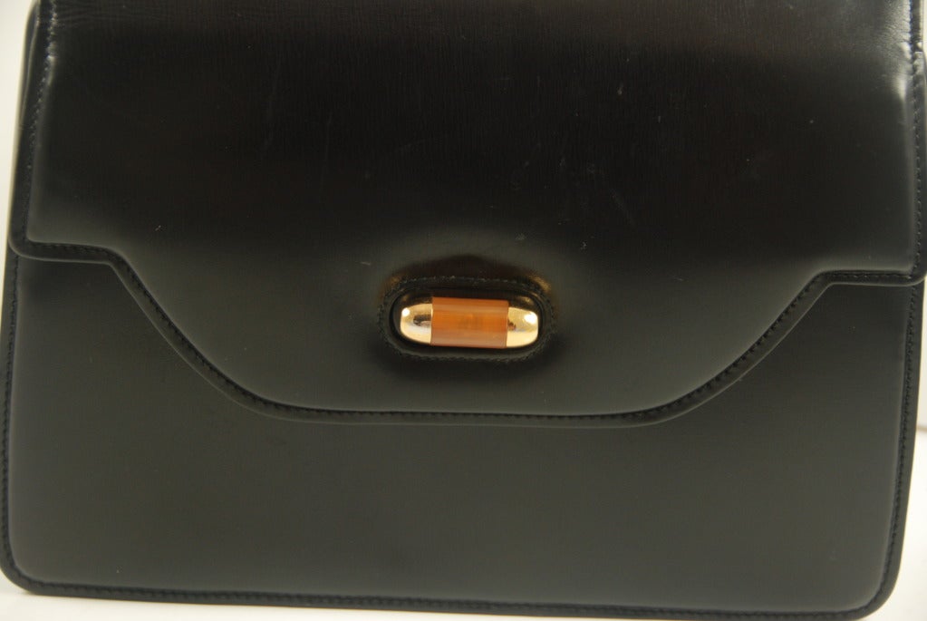 1970s Gucci Black Leather Handbag with Bakelite Handle 1
