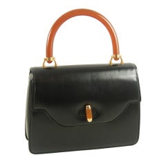 1970s Gucci Black Leather Handbag with Bakelite Handle