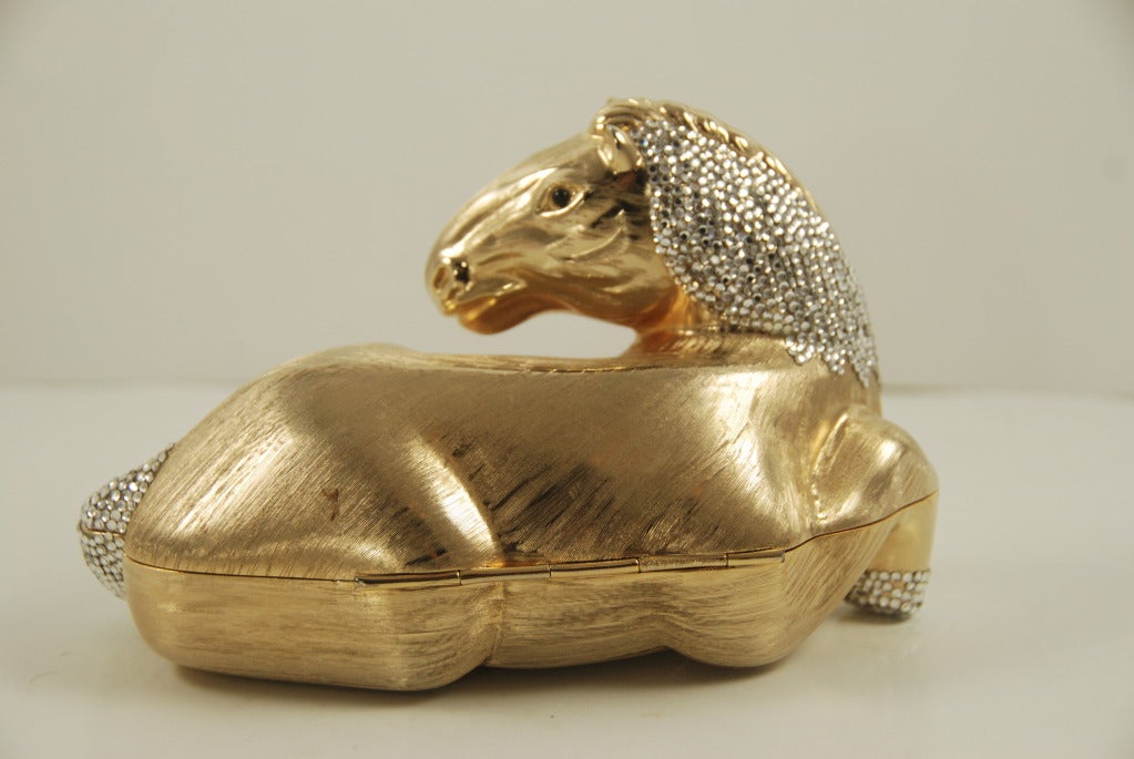 1970s Rhinestone Studded Florentined Hand Engraved Horse Minaudiere