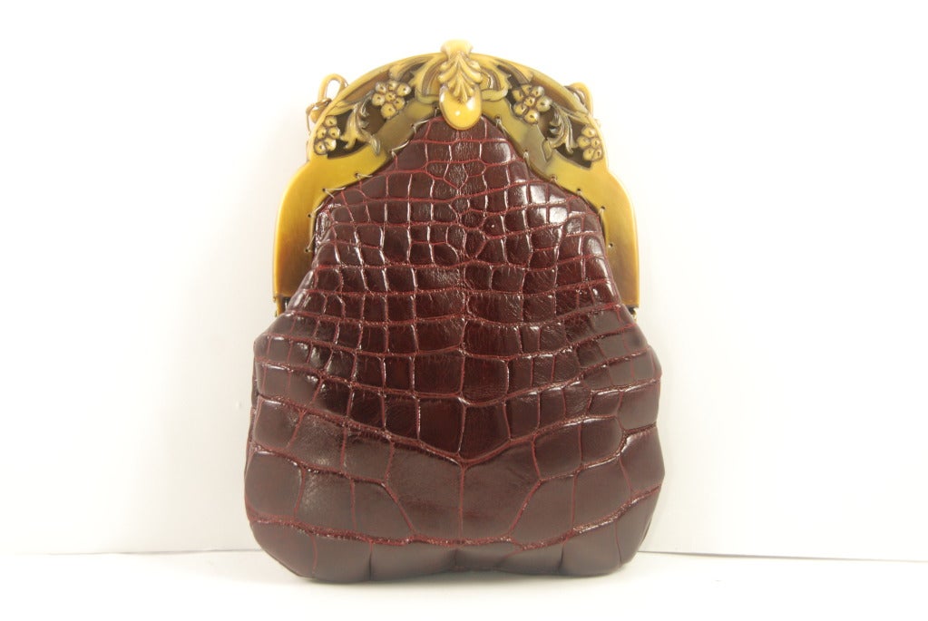 Jacomo Burgundy Alligator Handbag with Celluloid Frame In Excellent Condition In New York, NY