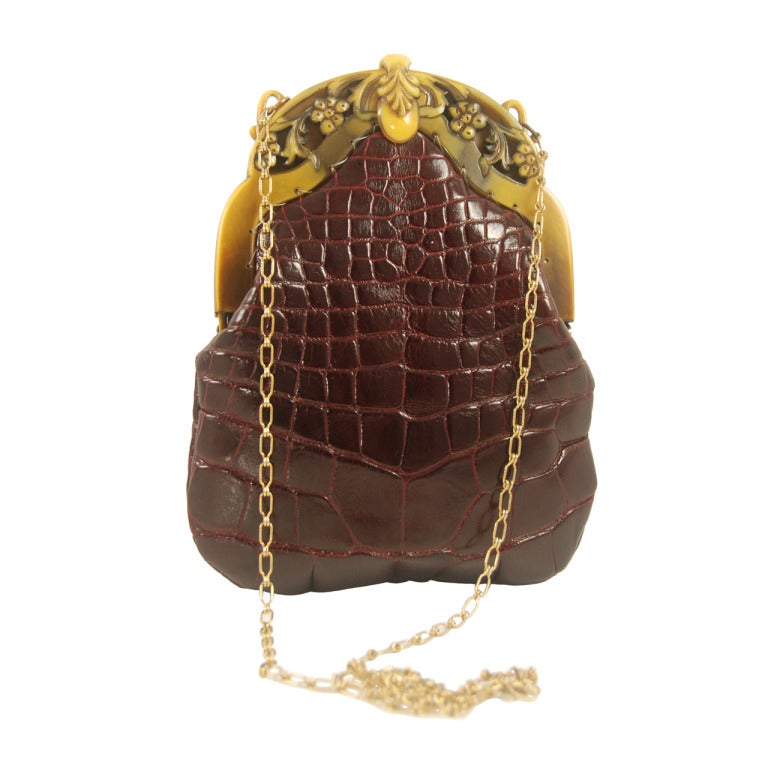 Jacomo Burgundy Alligator Handbag with Celluloid Frame