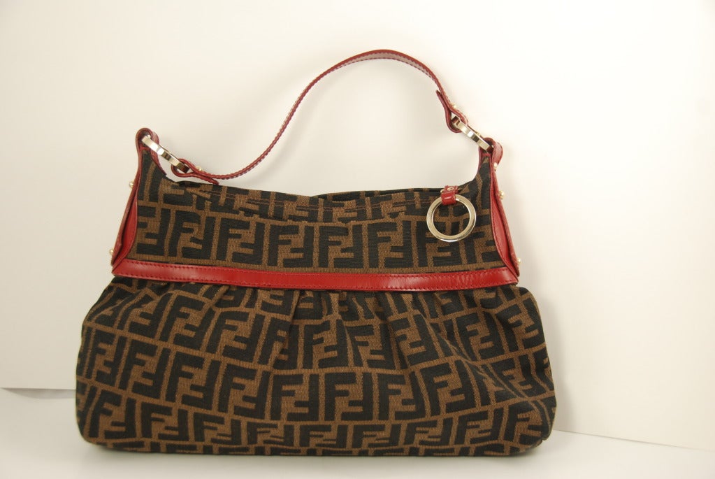 Brown Fendi Zucca Handbag with Red Leather Trim For Sale