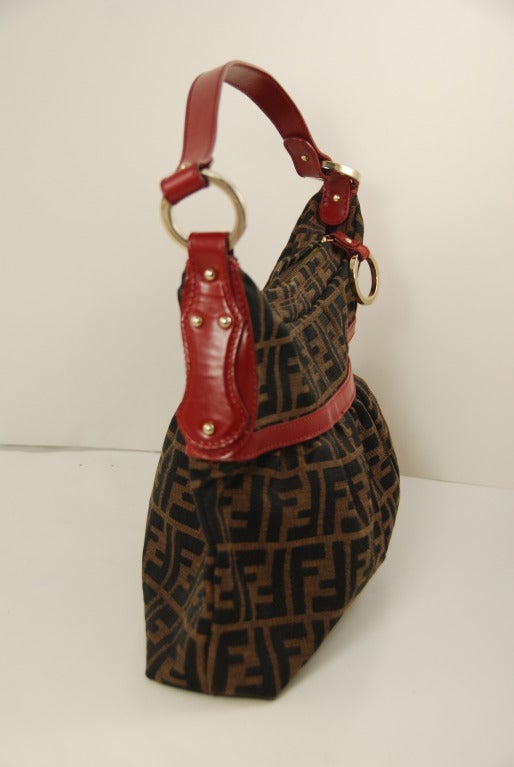 Fendi Zucca Handbag with Red Leather Trim In Excellent Condition For Sale In New York, NY