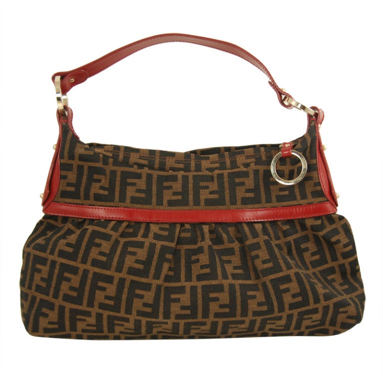 Fendi Zucca Handbag with Red Leather Trim For Sale