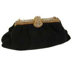 1950s French Black Beaded Evening Bag with Ornate Frame