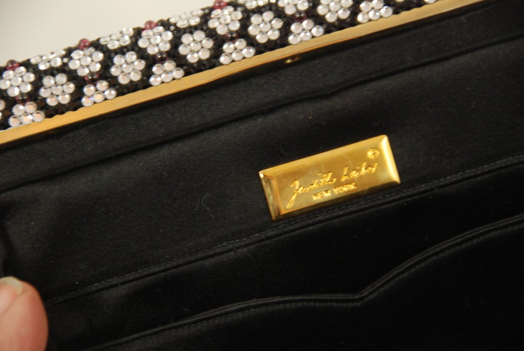 Women's Vintage Judith Leiber Black Satin Evening Bag with Rhinestone Frame For Sale