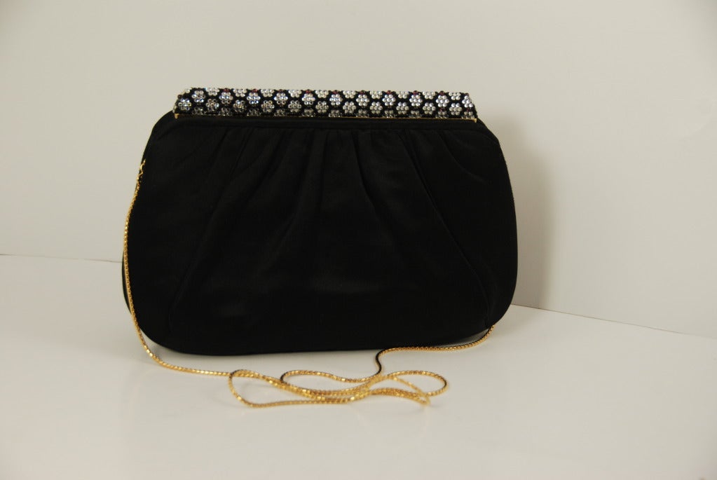 Vintage Judith Leiber Black Satin Evening Bag with Rhinestone Frame For Sale 1