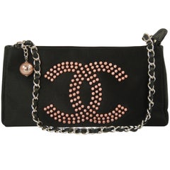 Chanel Black Satin Evening Bag with Pearl Interlocking Logo