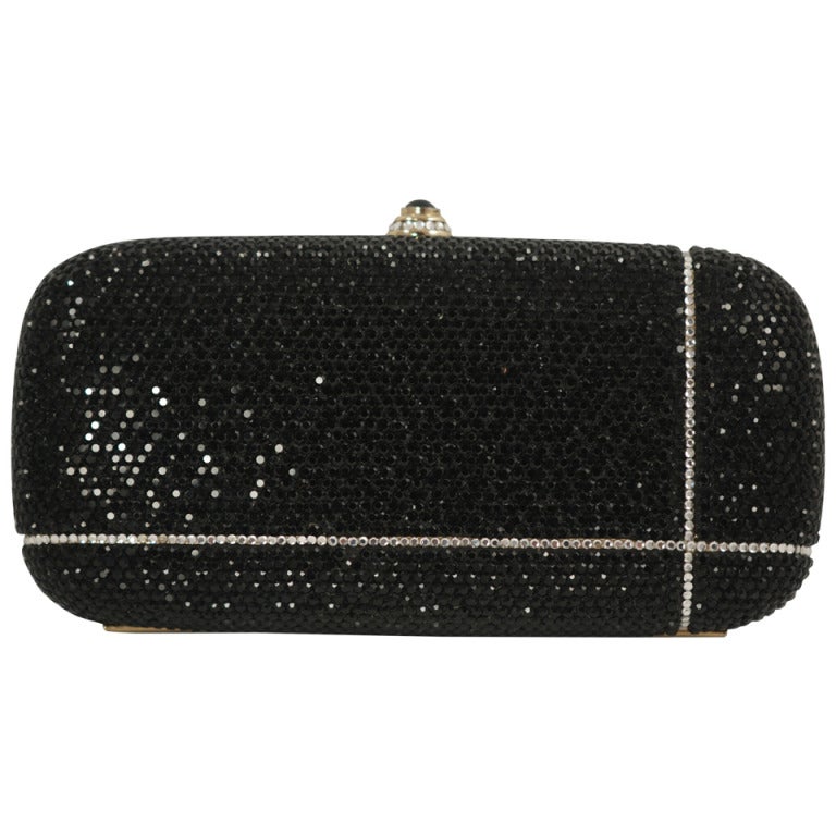 1990s Judith Leiber Full Bead Black Rhinestone Minaudiere For Sale