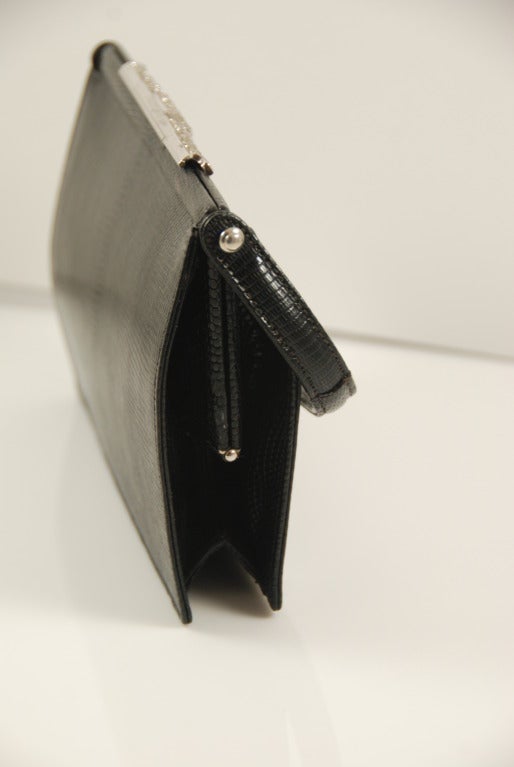 Early Koret Black Lizard Handbag Bag Rhinestone Clasp 1