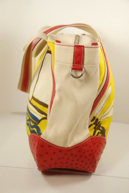 Women's Prada Painted Extra Large Canvas and Ostrich Tote Bag