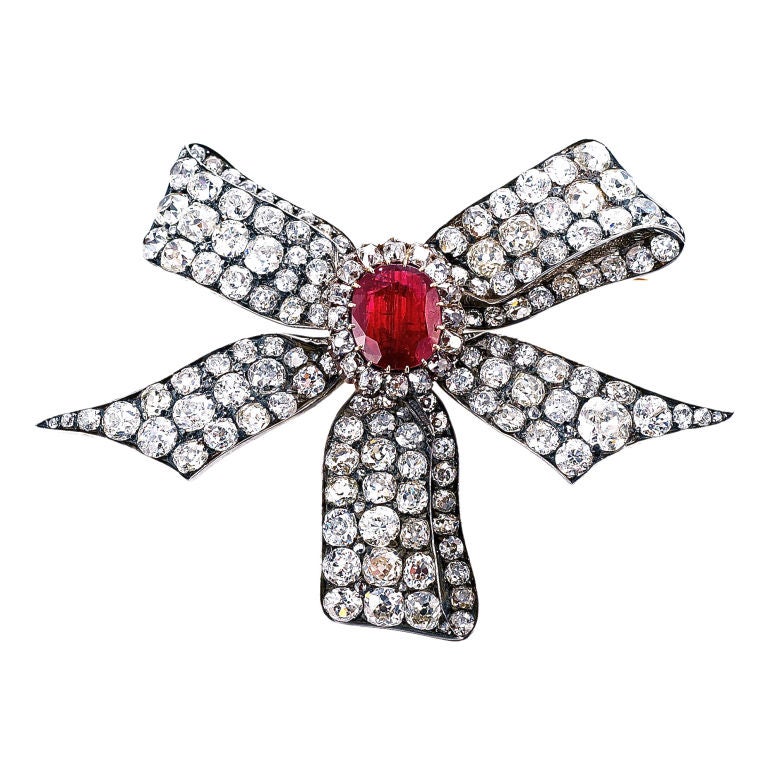 Magnificent Victorian Diamond Burma Ruby Bow Pin For Sale
