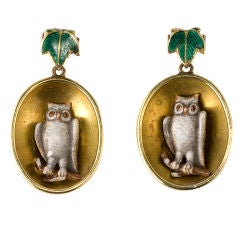 ROBERT PHILLIPS Gold Enamel Owl Earrings circa 1880