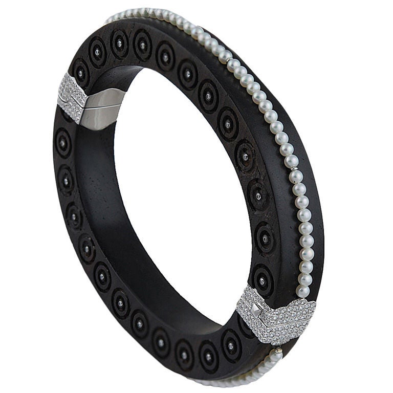 Carved Ebony Bangle set with Diamonds and Pearls For Sale