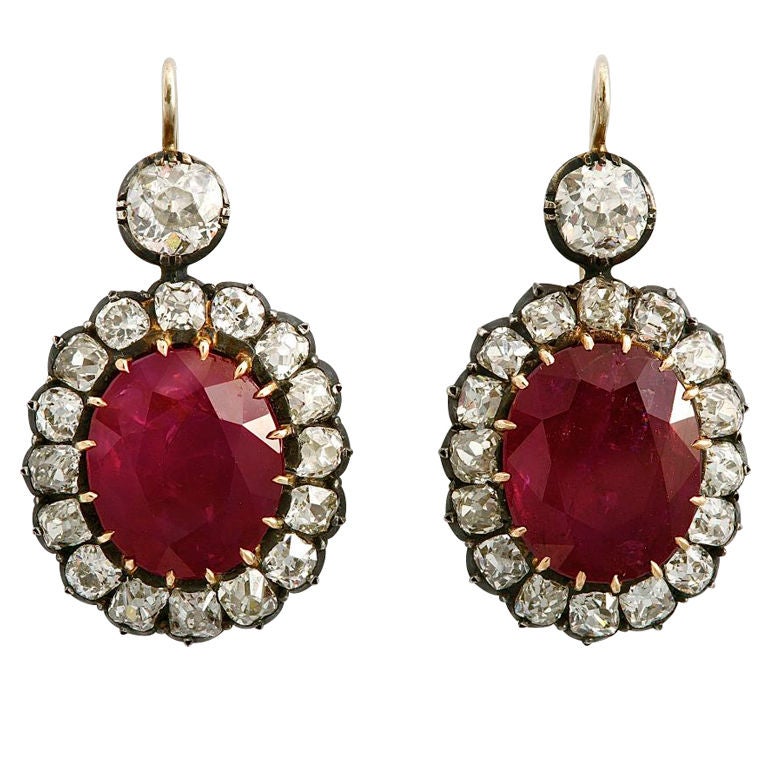 Certified Burma Ruby Diamond Cluster Ear Pendants For Sale