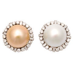 Gold and White South Sea Pearl Diamond Earclips