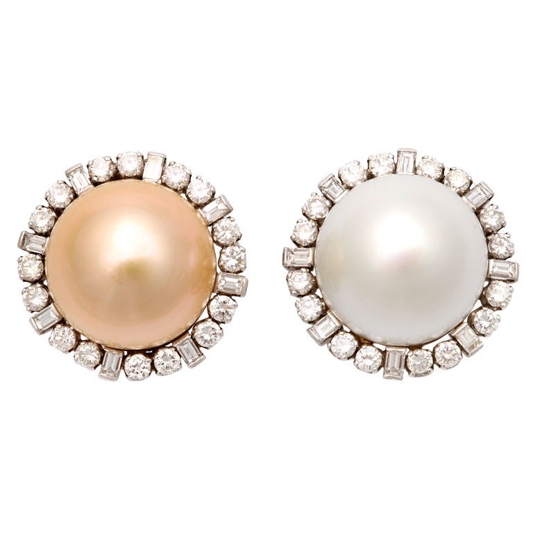 Gold and White South Sea Pearl Diamond Earclips For Sale