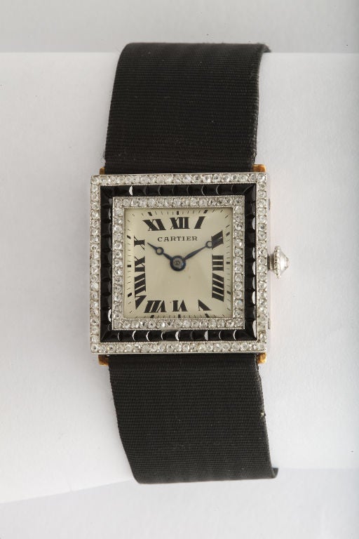 Women's A Rare CARTIER Art Deco Diamond and Onyx Watch For Sale