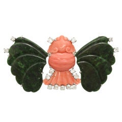 CARTIER Coral and Jade Diamond Butterfly Brooch