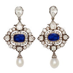 Victorian Ceylon Sapphire Diamond Natural Pearl Earrings