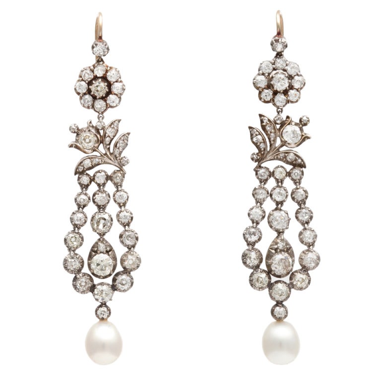Antique Natural Pearl 
Diamond Earrings