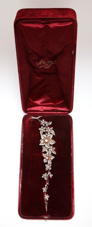 Superb French mid 19th Century Diamond Enamel  Floral Vine Corsage Brooch
retailed by
A. Carassale / Paris-Buenos-Ayres/ Montevideo 1842 in original case.