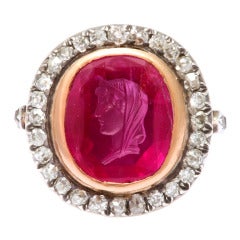 Antique Ruby Cameo of Roman Lady Diamond Ring