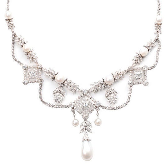 Edwardian Diamond and Oriental Pearl  Necklace