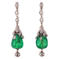 Antique Cabochon Emerald and Diamond Art Deco Pendant Earrings