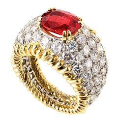 SCHLUMBERGER Burma Ruby Set in Diamond Gold Stitch Ring