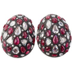 Antique Diamonds and Rubies Set in Modern Bombe Earclips