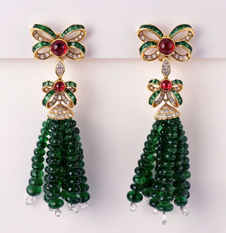 Elegant Important Emerald Bead Bow Tassel Earrings