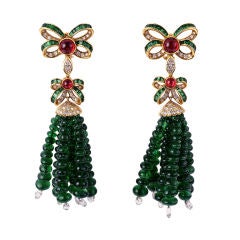 Elegant Important Emerald Bead Bow Tassel Earrings