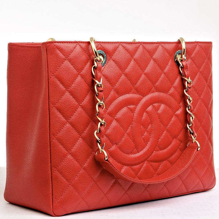 Chanel Red Quilted Caviar Grand Shopper Tote (GST) Bag with Gold Hardware