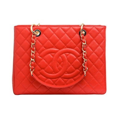 Chanel Red Quilted Caviar Grand Shopper Tote (GST) Bag with Gold