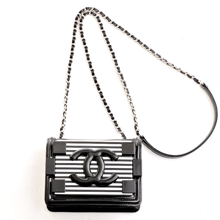 Chanel Black and White Striped Patent Boy Brick Crossbody Bag 4